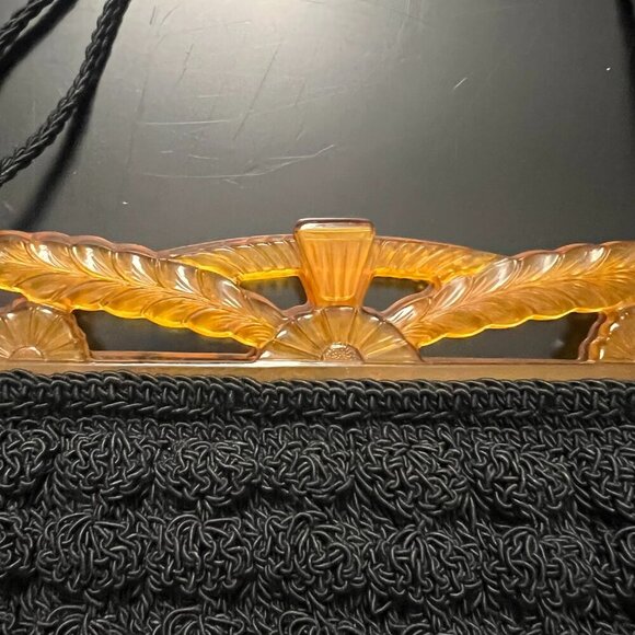 Popcorn Crochet Black Shoulder Purse With Celluloid Frame And Chain Vintage Boho - Picture 7 of 10